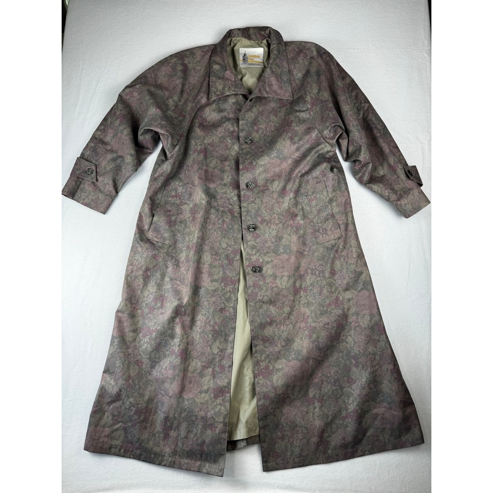 London Fog Vintage Floral Trench Coat Mauve Sage Green Longline Button Front 12P